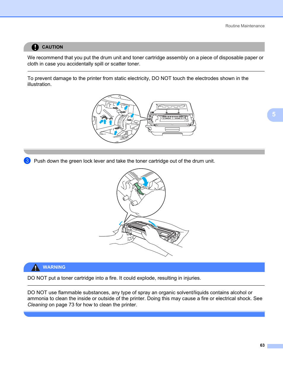 Caution, Warning, Routine maintenance 63 | Brother HL-2170W User Manual | Page 71 / 138