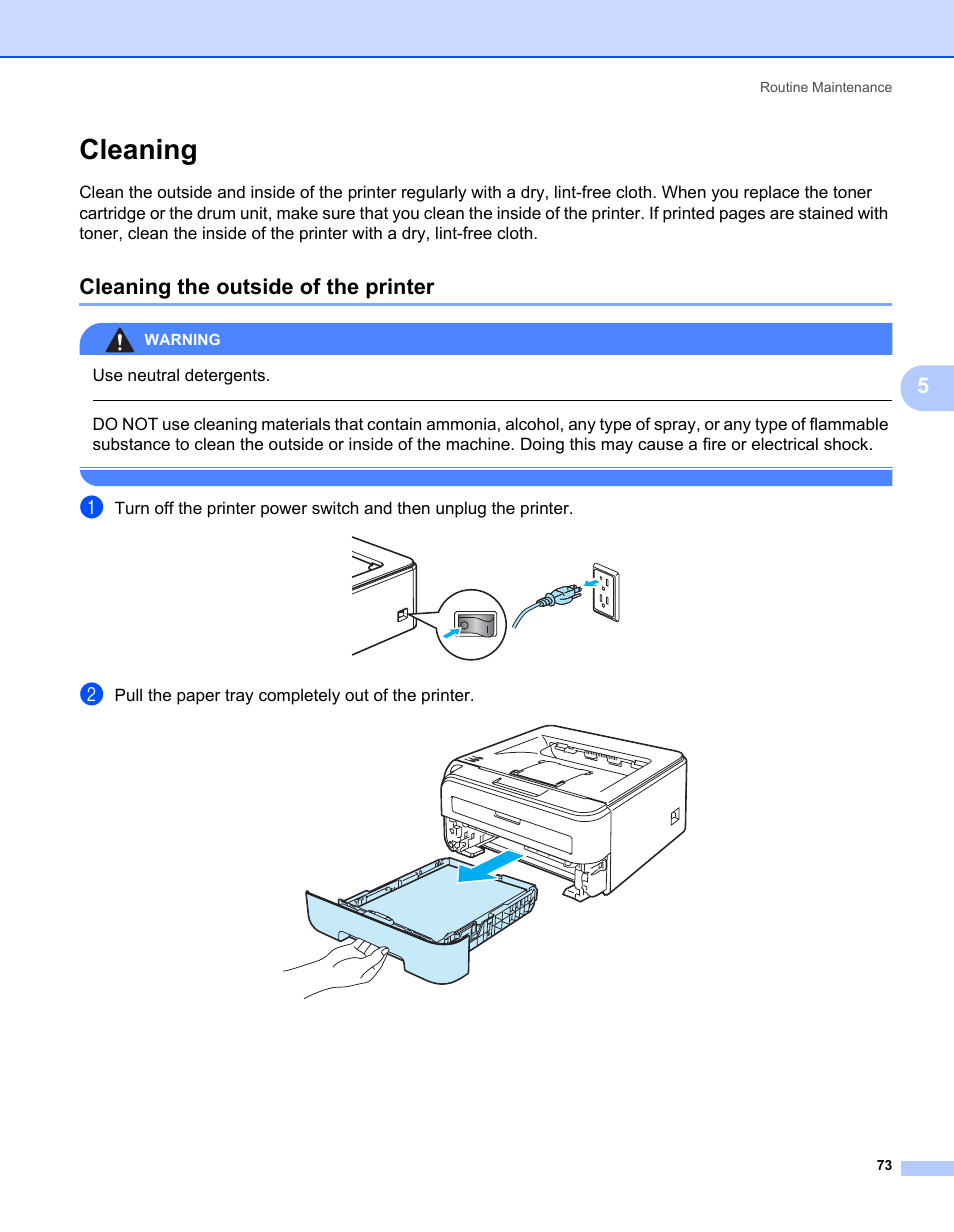 Cleaning, Cleaning the outside of the printer, Use neutral detergents | Pull the paper tray completely out of the printer | Brother HL-2170W User Manual | Page 81 / 138