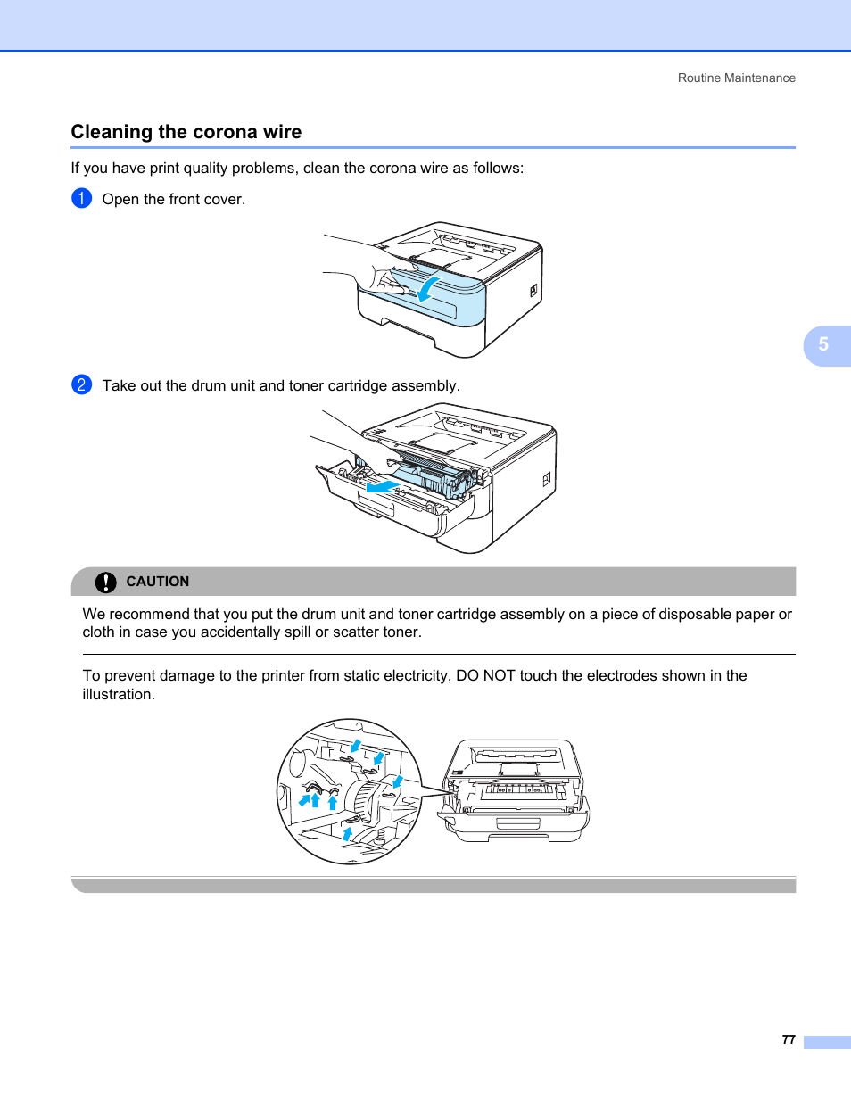Cleaning the corona wire, 5cleaning the corona wire, Open the front cover | Brother HL-2170W User Manual | Page 85 / 138