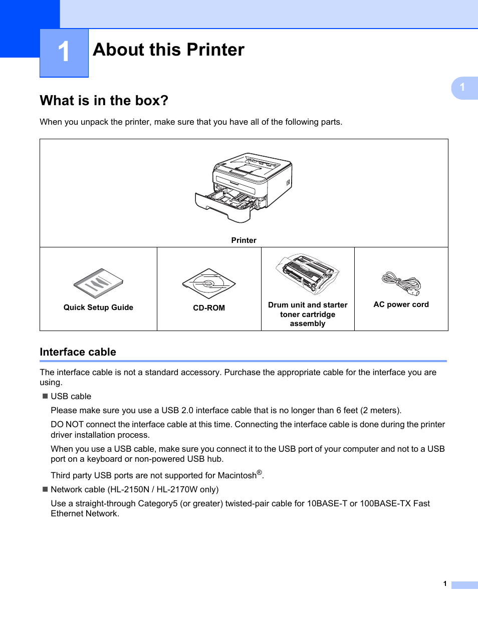 1 about this printer, What is in the box, Interface cable | About this printer | Brother HL-2170W User Manual | Page 9 / 138