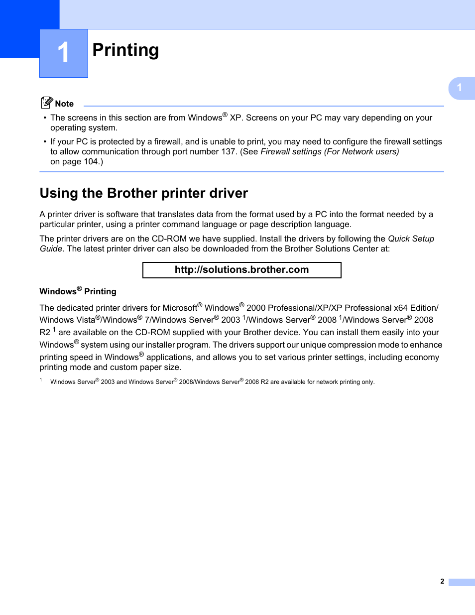 1 printing, Using the brother printer driver, Printing | Brother MFC-9120CN User Manual | Page 10 / 215