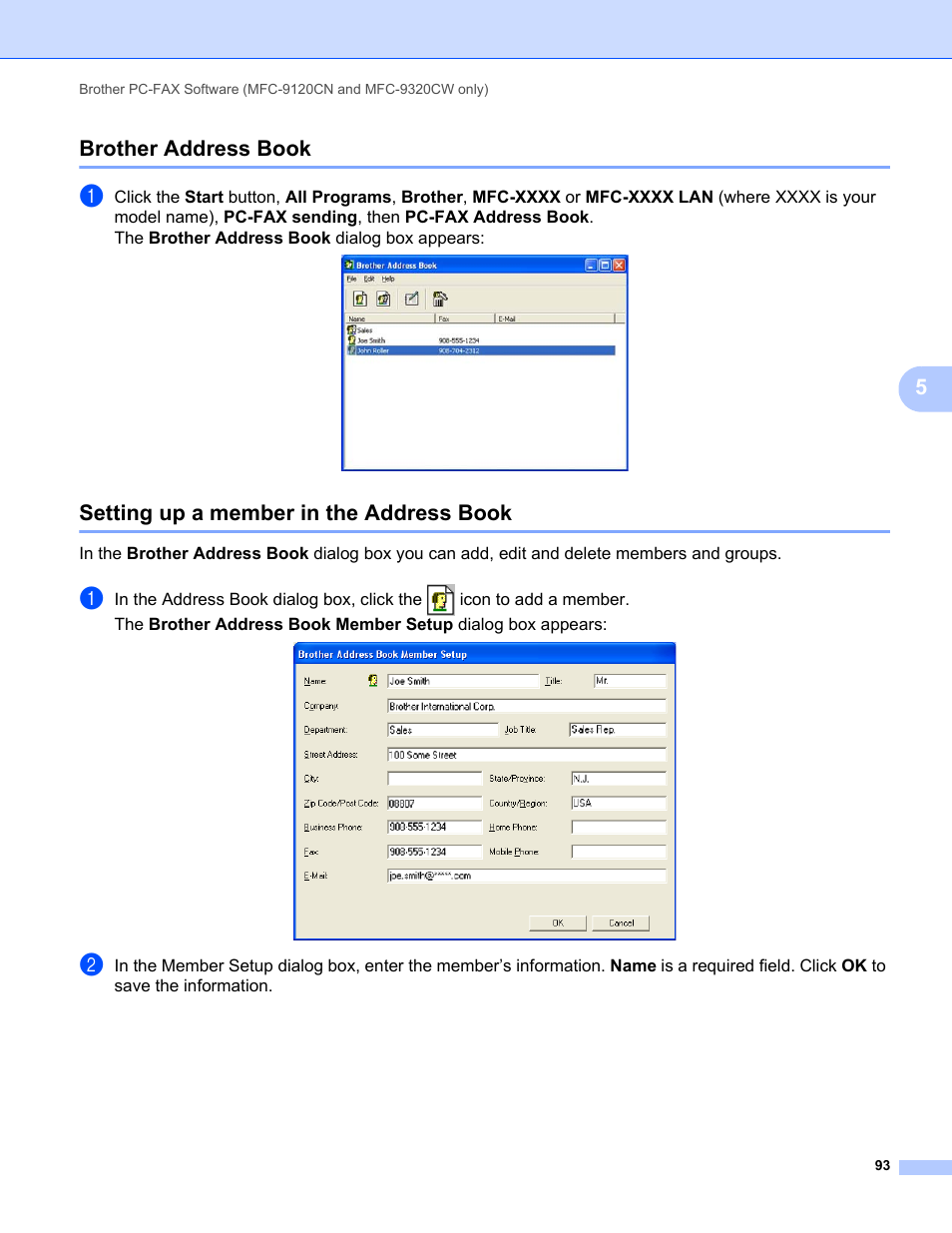 Brother address book, Setting up a member in the address book, 5brother address book | Brother MFC-9120CN User Manual | Page 101 / 215