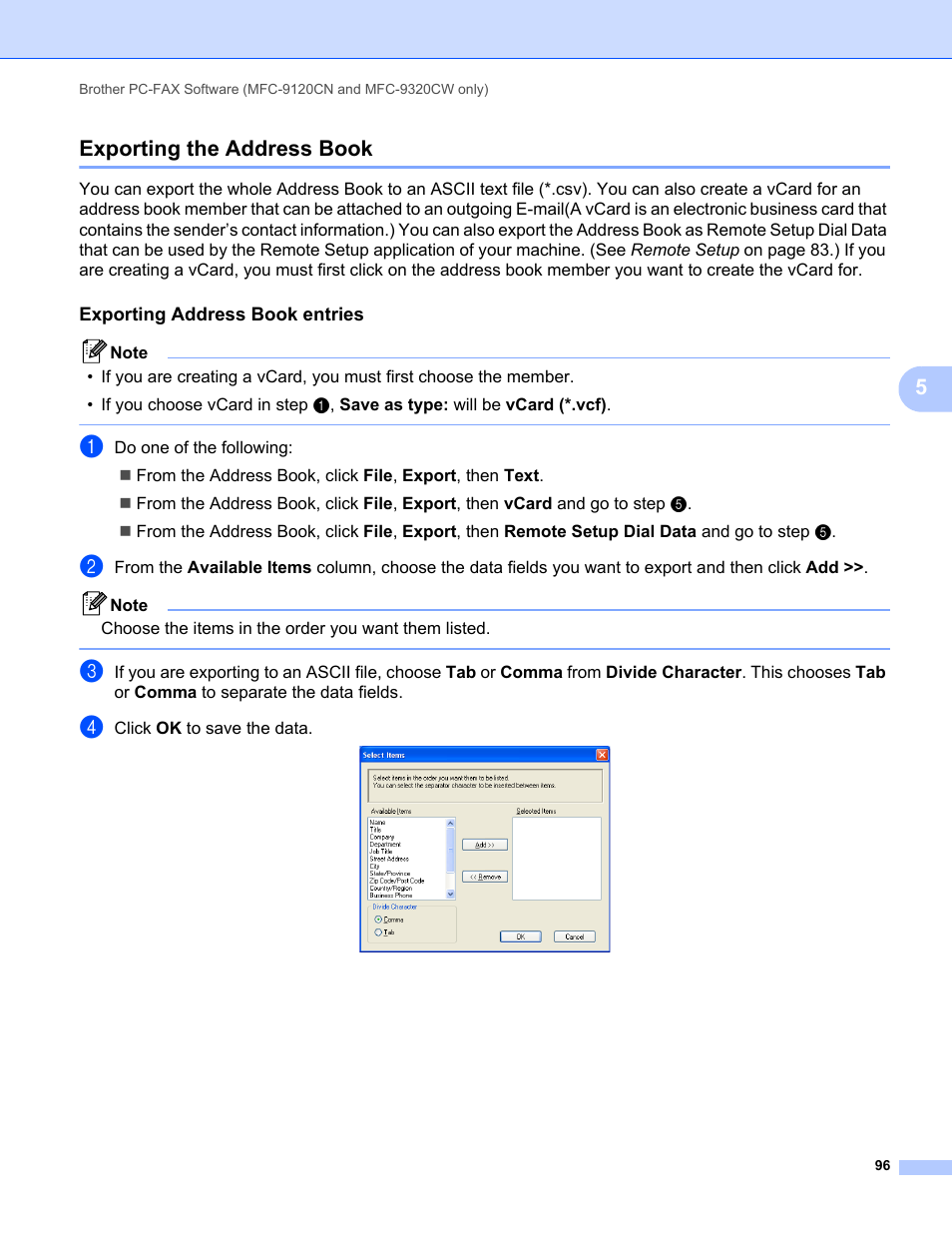 Exporting the address book, Exporting address book entries, 5exporting the address book | Brother MFC-9120CN User Manual | Page 104 / 215