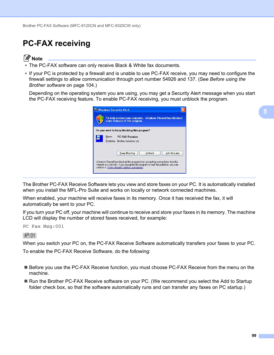 Pc-fax receiving | Brother MFC-9120CN User Manual | Page 107 / 215