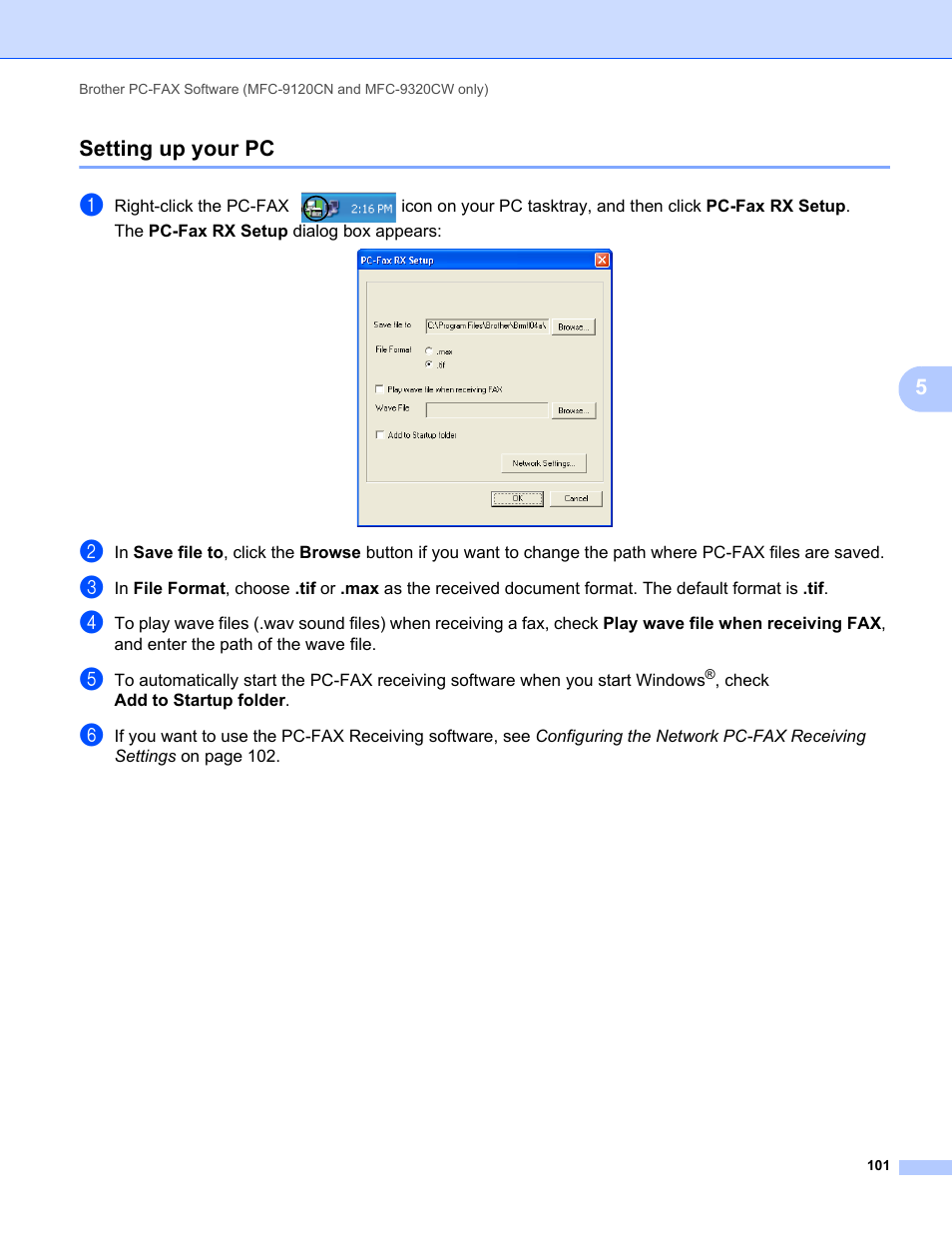 Setting up your pc, 5setting up your pc | Brother MFC-9120CN User Manual | Page 109 / 215