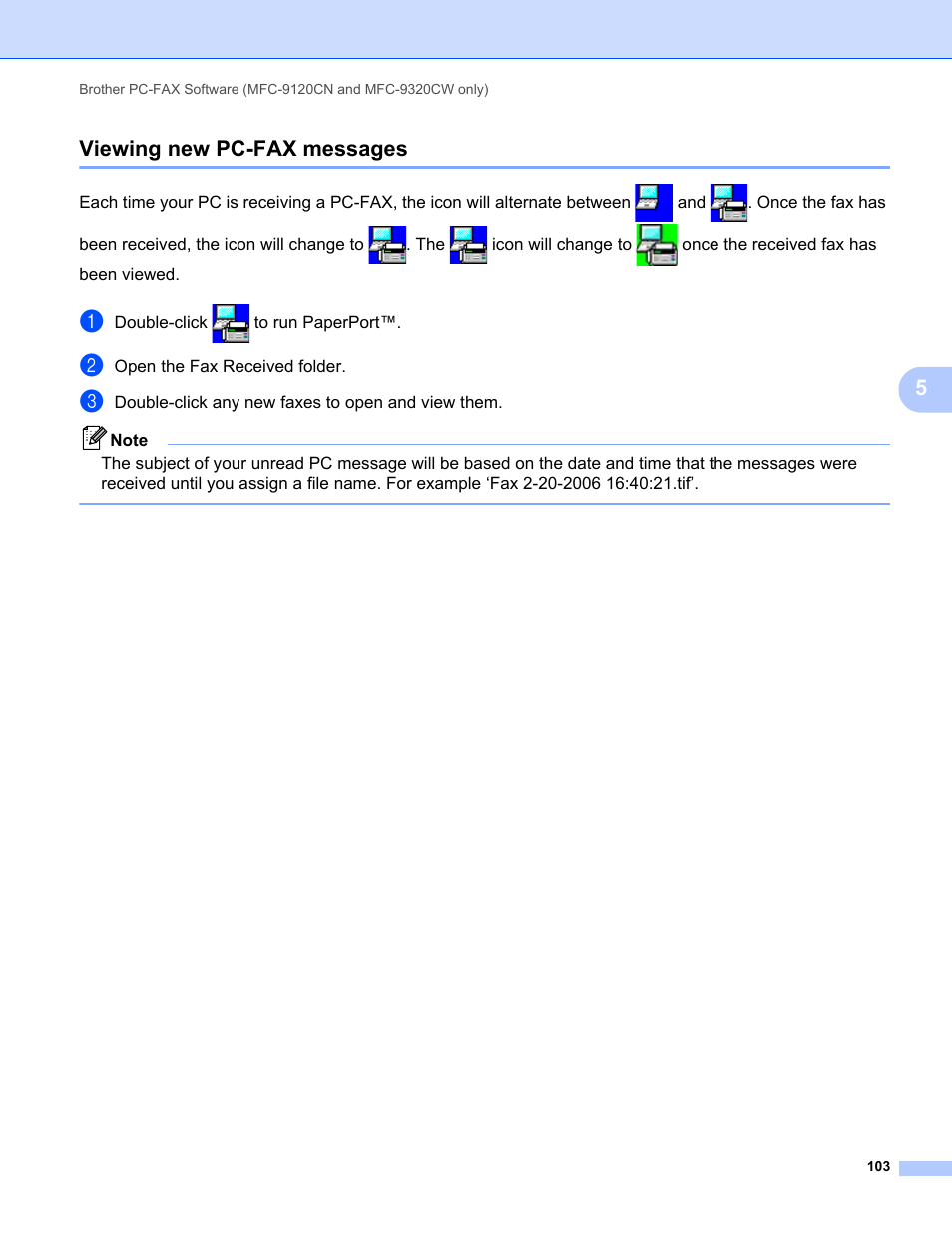 Viewing new pc-fax messages, 5viewing new pc-fax messages | Brother MFC-9120CN User Manual | Page 111 / 215