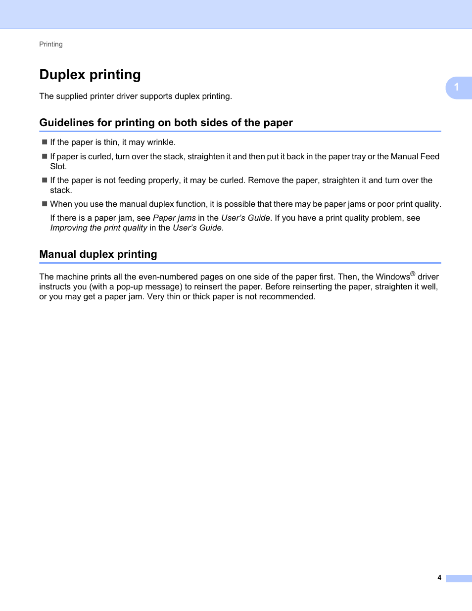 Duplex printing, Guidelines for printing on both sides of the paper, Manual duplex printing | Brother MFC-9120CN User Manual | Page 12 / 215