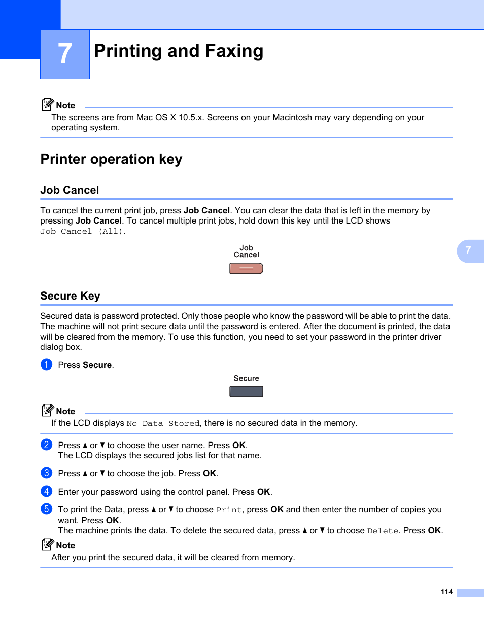 7 printing and faxing, Printer operation key, Job cancel | Secure key, Printing and faxing, Job cancel secure key | Brother MFC-9120CN User Manual | Page 122 / 215