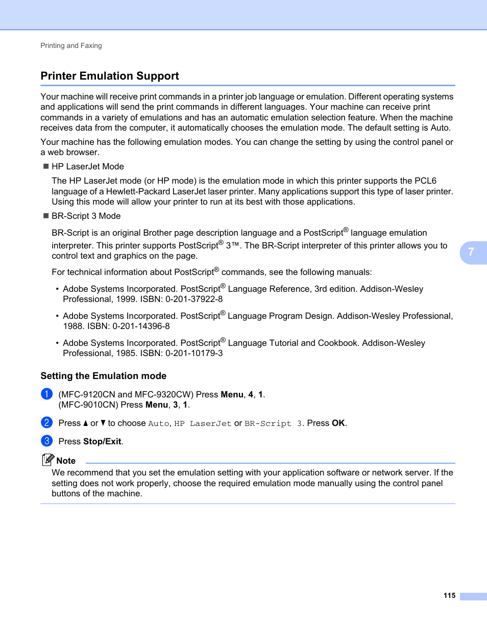 Printer emulation support, Setting the emulation mode, 7printer emulation support | Brother MFC-9120CN User Manual | Page 123 / 215
