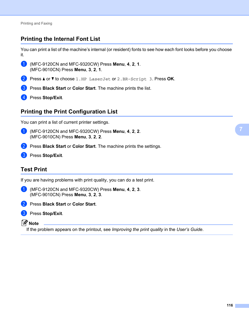 Printing the internal font list, Printing the print configuration list, Test print | Brother MFC-9120CN User Manual | Page 124 / 215