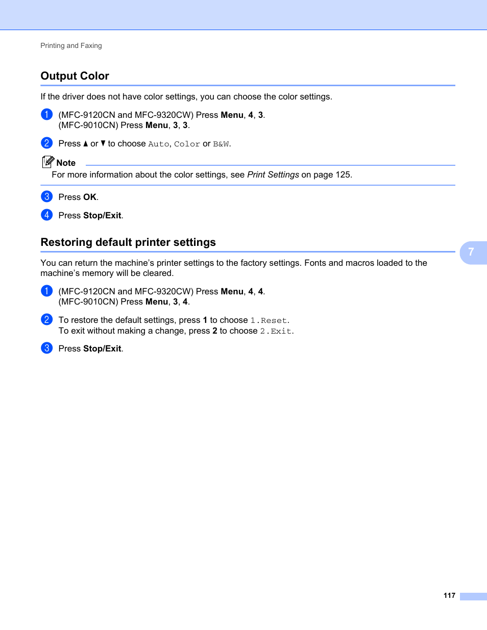 Output color, Restoring default printer settings, Output color restoring default printer settings | 7output color | Brother MFC-9120CN User Manual | Page 125 / 215