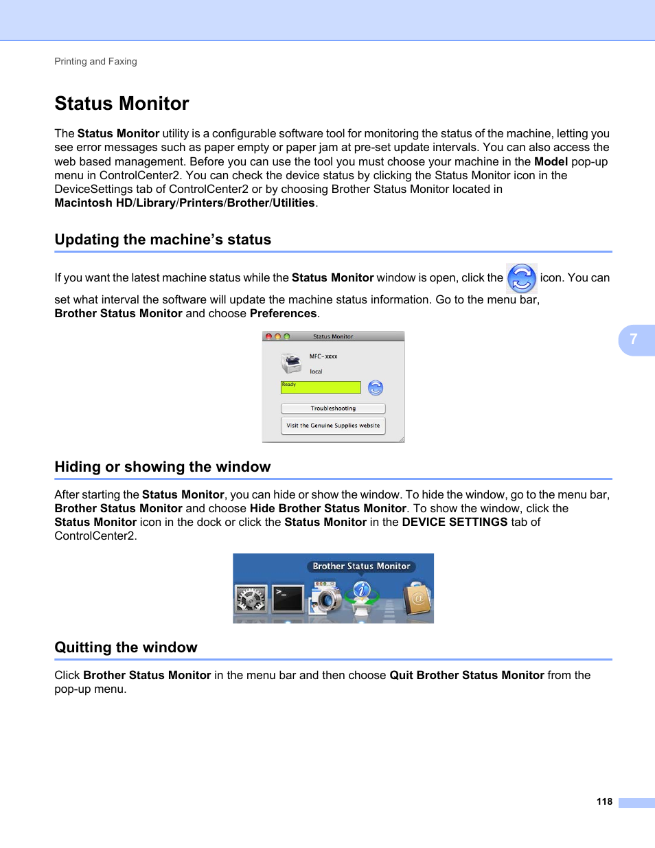 Status monitor, Updating the machine’s status, Hiding or showing the window | Quitting the window | Brother MFC-9120CN User Manual | Page 126 / 215