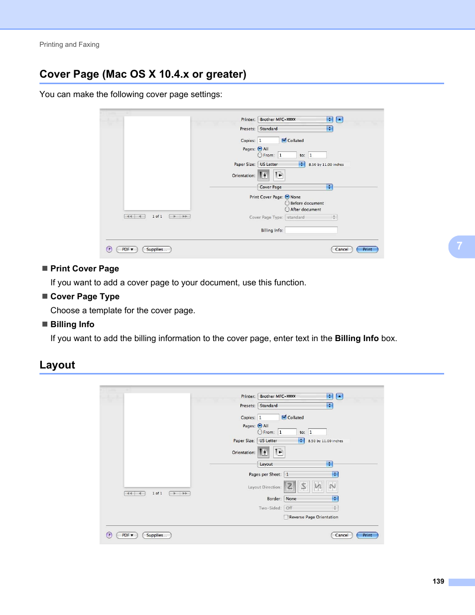 Layout, 7cover page (mac os x 10.4.x or greater) | Brother MFC-9120CN User Manual | Page 147 / 215