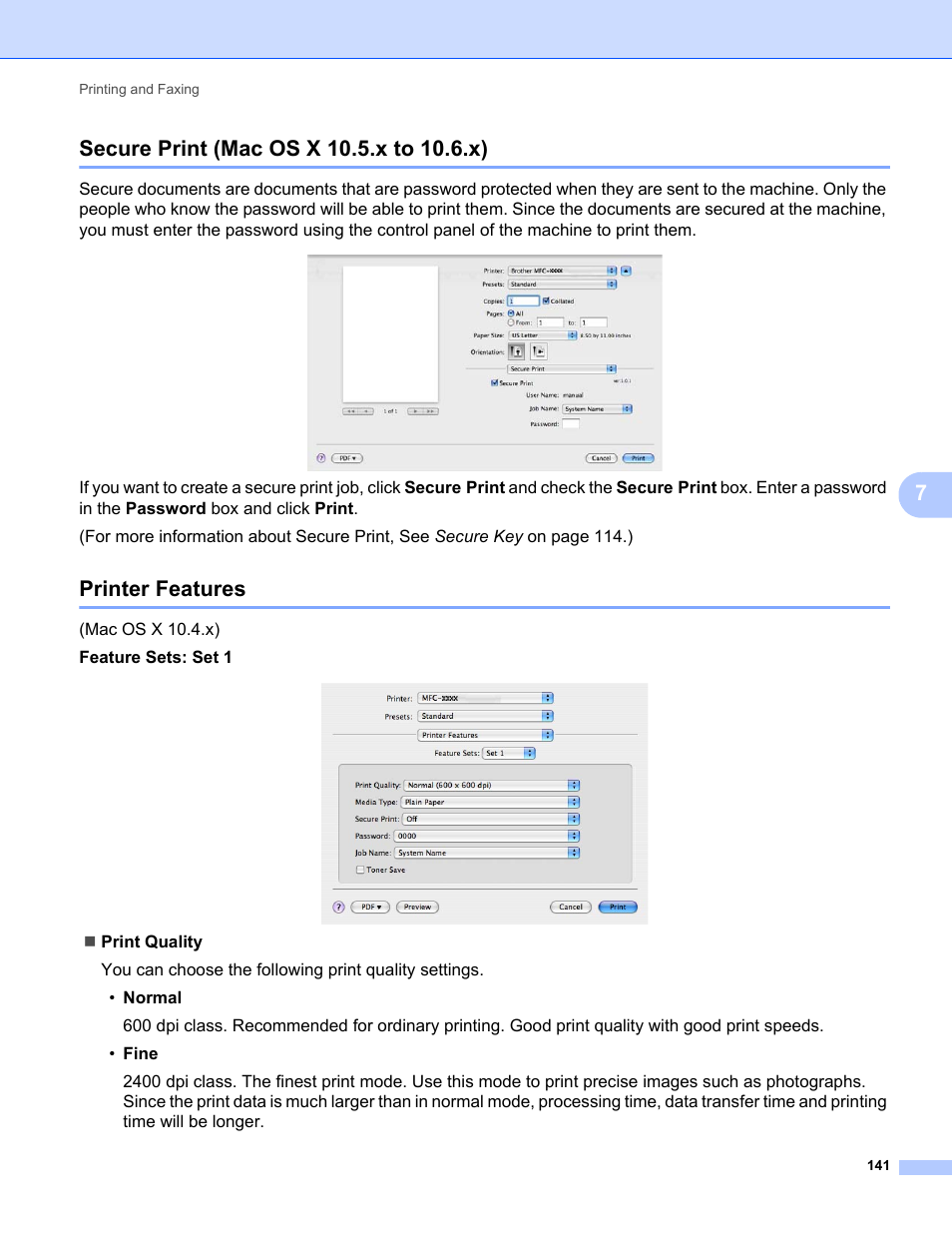 Secure print (mac os x 10.5.x to 10.6.x), Printer features | Brother MFC-9120CN User Manual | Page 149 / 215