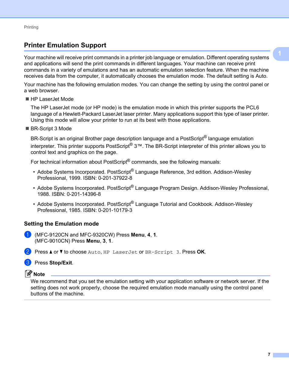 Printer emulation support, Setting the emulation mode, 1printer emulation support | Brother MFC-9120CN User Manual | Page 15 / 215