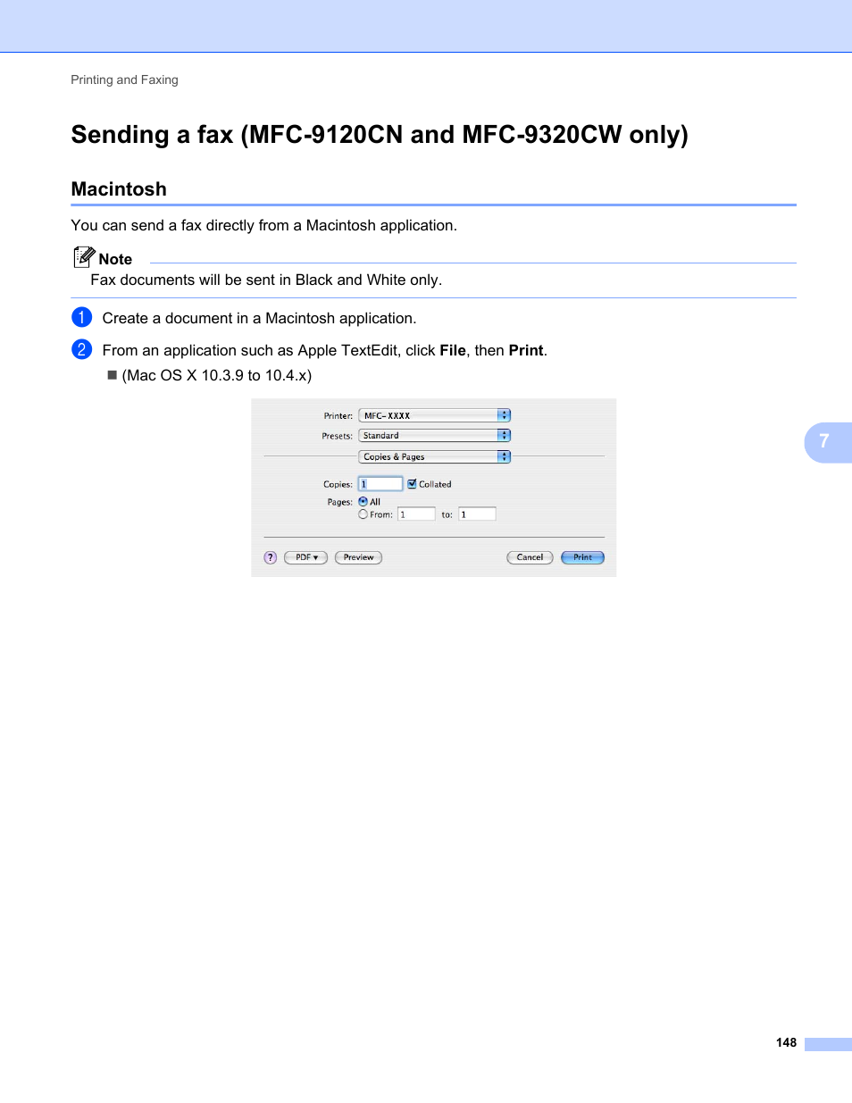 Sending a fax (mfc-9120cn and mfc-9320cw only), Macintosh | Brother MFC-9120CN User Manual | Page 156 / 215