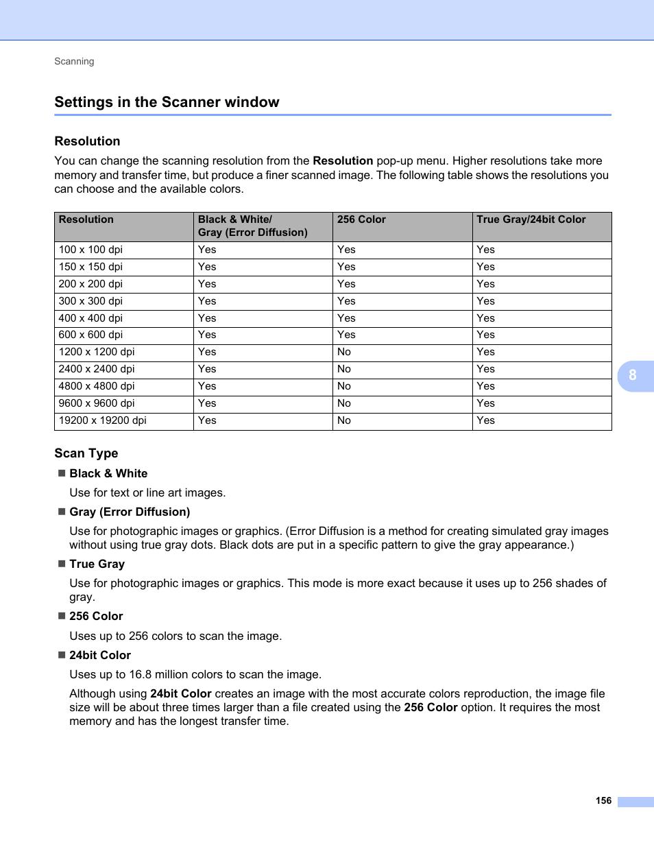 Settings in the scanner window, Resolution, Scan type | 8settings in the scanner window | Brother MFC-9120CN User Manual | Page 164 / 215