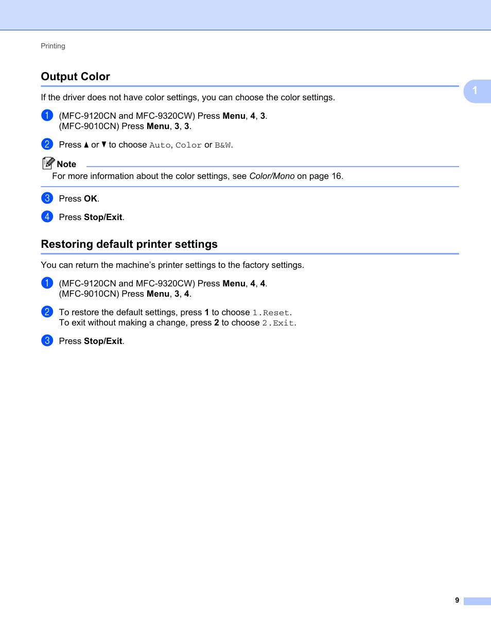 Output color, Restoring default printer settings, Output color restoring default printer settings | 1output color | Brother MFC-9120CN User Manual | Page 17 / 215