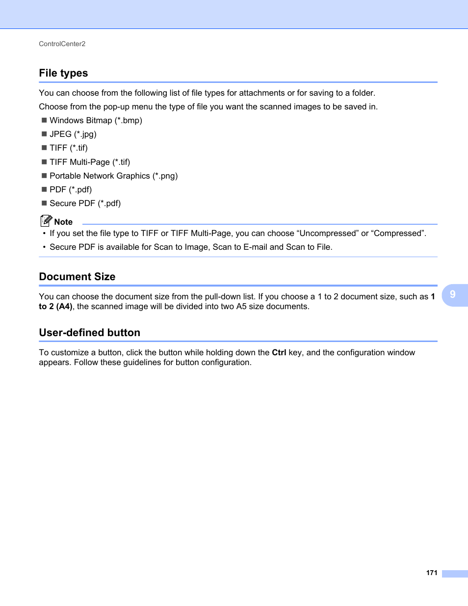 File types, Document size, User-defined button | File types document size user-defined button, 9file types | Brother MFC-9120CN User Manual | Page 179 / 215