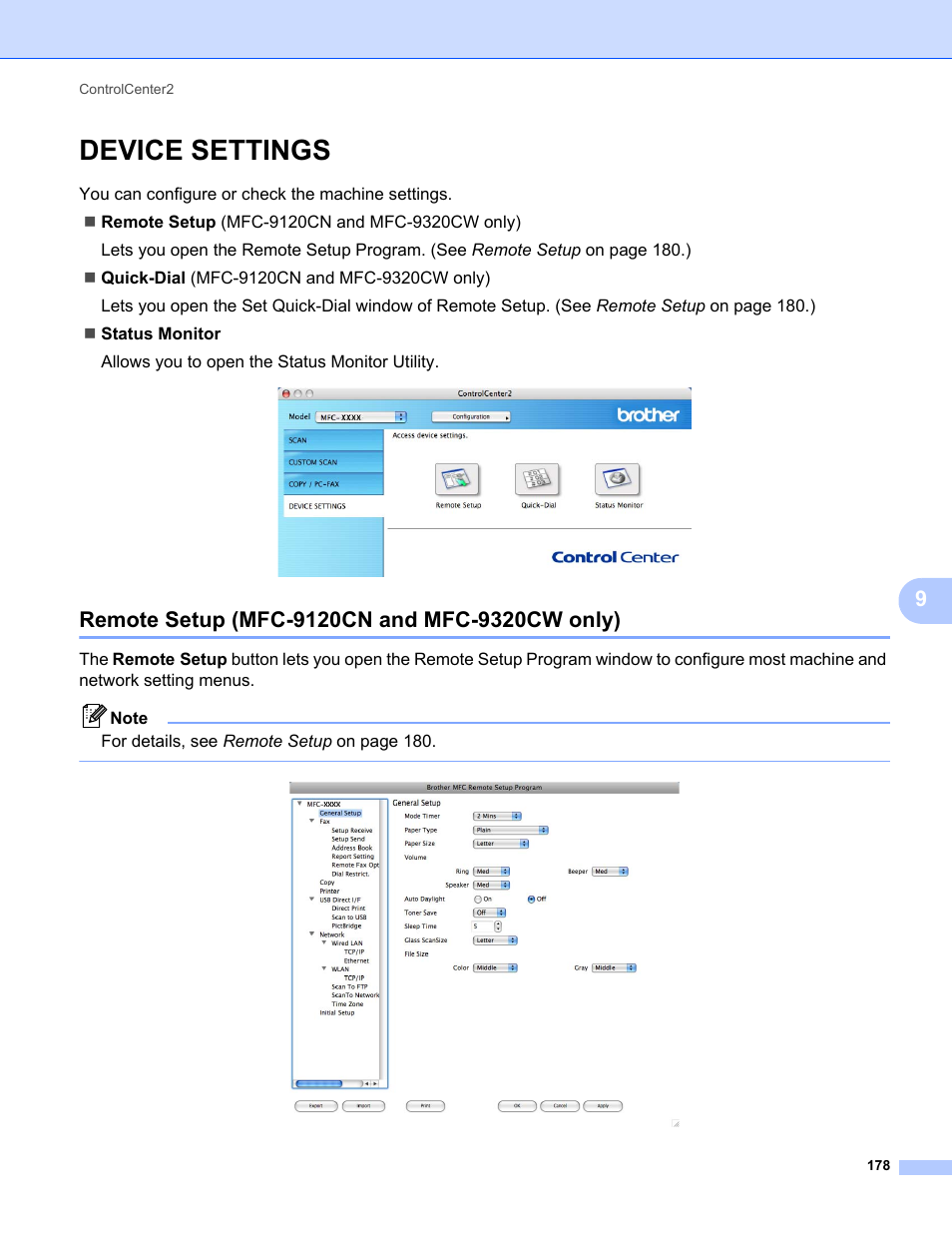 Device settings, Remote setup (mfc-9120cn and mfc-9320cw only) | Brother MFC-9120CN User Manual | Page 186 / 215