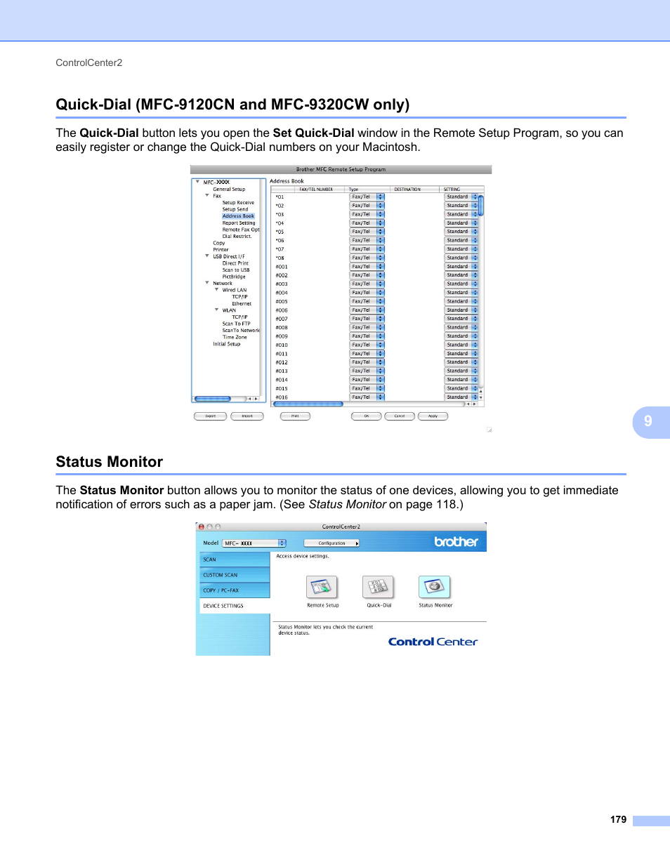 Quick-dial (mfc-9120cn and mfc-9320cw only), Status monitor | Brother MFC-9120CN User Manual | Page 187 / 215