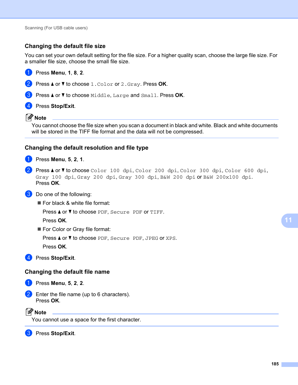Changing the default file size, Changing the default resolution and file type, Changing the default file name | Brother MFC-9120CN User Manual | Page 193 / 215