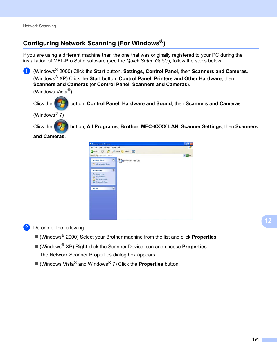 Configuring network scanning (for windows®), Configuring network scanning (for windows, 12 configuring network scanning (for windows | Brother MFC-9120CN User Manual | Page 199 / 215