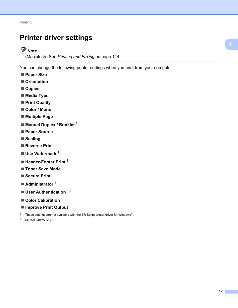 Printer driver settings | Brother MFC-9120CN User Manual | Page 20 / 215