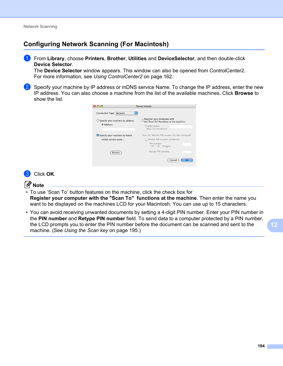 Configuring network scanning (for macintosh), 12 configuring network scanning (for macintosh) | Brother MFC-9120CN User Manual | Page 202 / 215