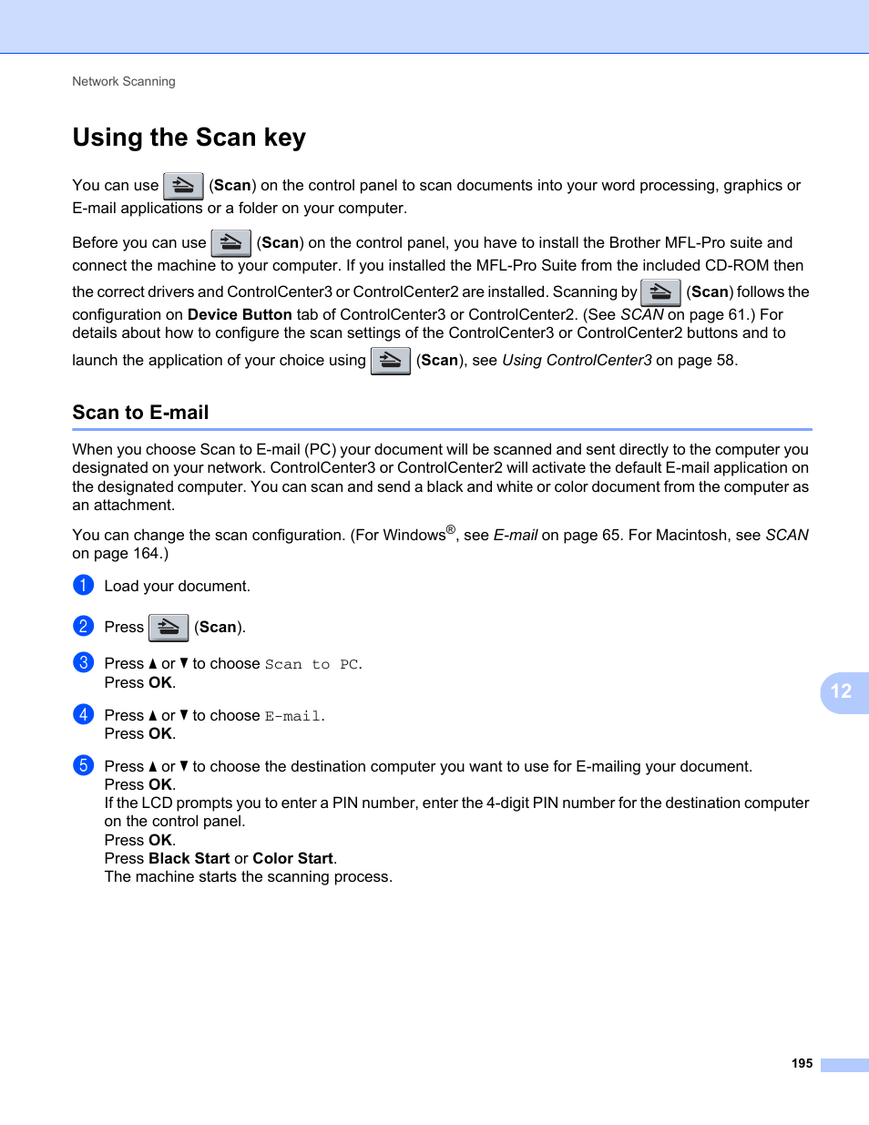 Using the scan key, Scan to e-mail | Brother MFC-9120CN User Manual | Page 203 / 215