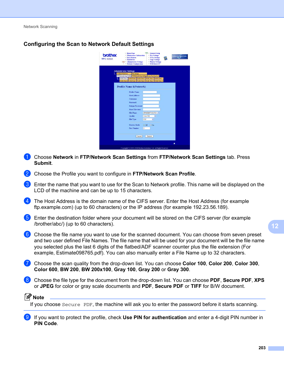 Configuring the scan to network default settings | Brother MFC-9120CN User Manual | Page 211 / 215