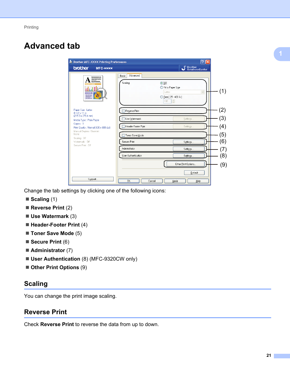 Advanced tab, Scaling, Reverse print | Scaling reverse print | Brother MFC-9120CN User Manual | Page 29 / 215