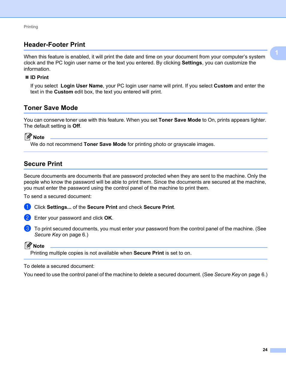 Header-footer print, Toner save mode, Secure print | Header-footer print toner save mode secure print, 1header-footer print | Brother MFC-9120CN User Manual | Page 32 / 215