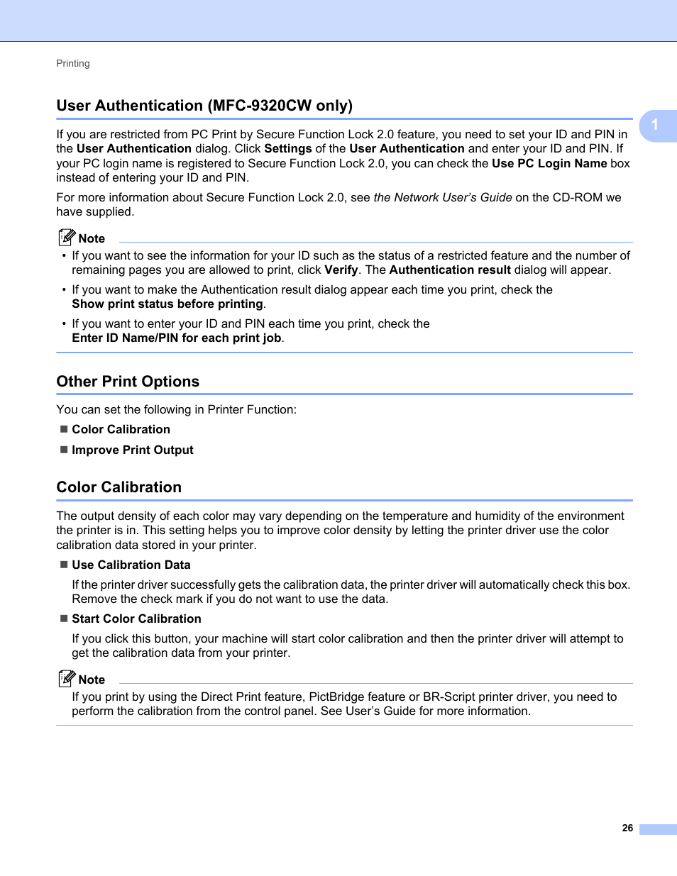 User authentication (mfc-9320cw only), Other print options, Color calibration | Brother MFC-9120CN User Manual | Page 34 / 215