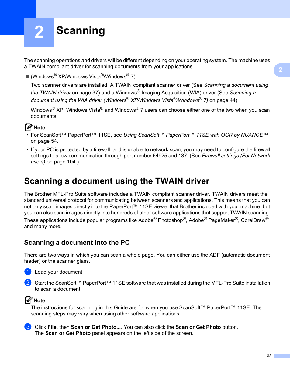 2 scanning, Scanning a document using the twain driver, Scanning a document into the pc | Scanning | Brother MFC-9120CN User Manual | Page 45 / 215