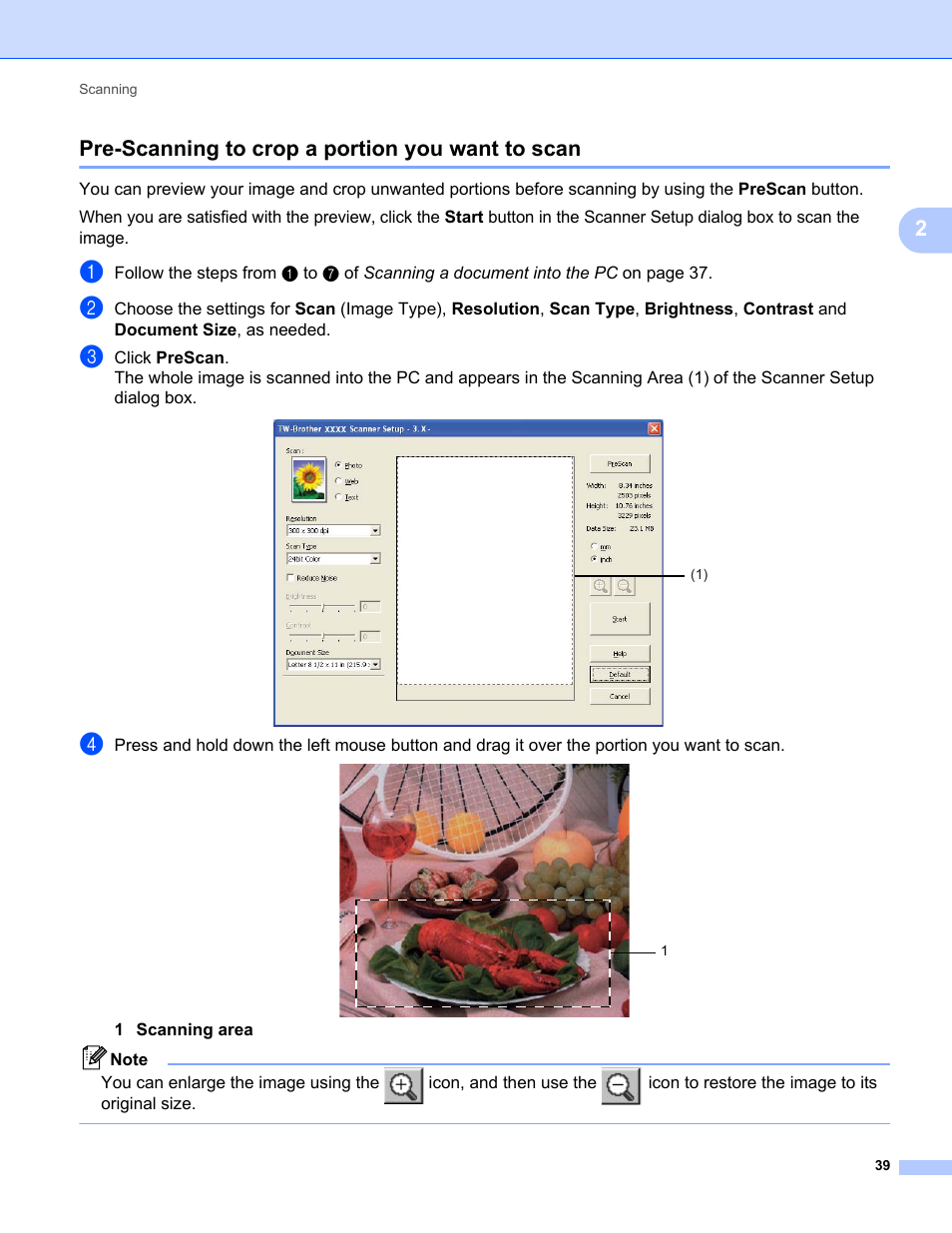 Pre-scanning to crop a portion you want to scan, 2pre-scanning to crop a portion you want to scan | Brother MFC-9120CN User Manual | Page 47 / 215