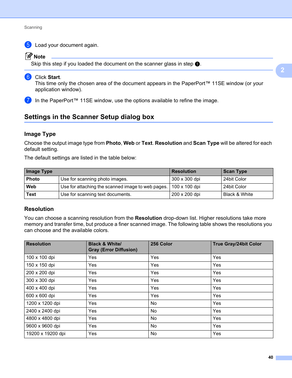 Settings in the scanner setup dialog box, Image type, Resolution | Brother MFC-9120CN User Manual | Page 48 / 215