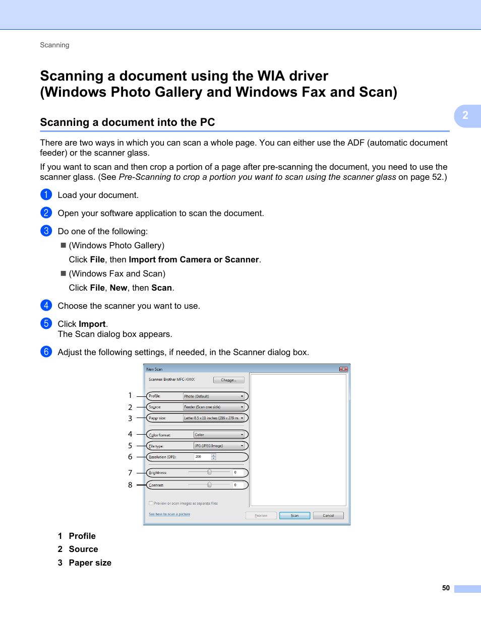 Scanning a document into the pc | Brother MFC-9120CN User Manual | Page 58 / 215
