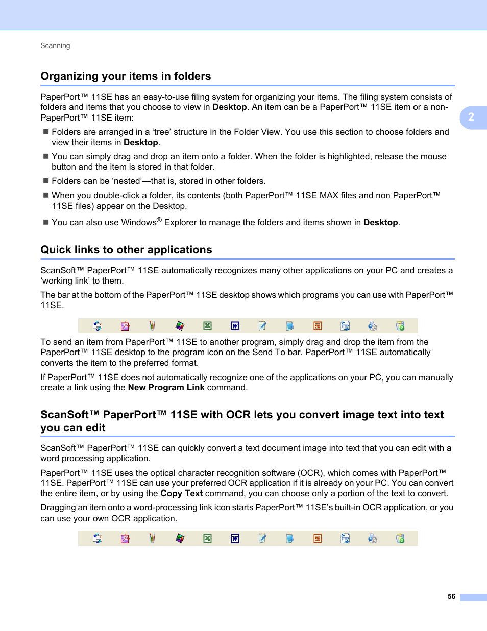 Organizing your items in folders, Quick links to other applications, 2organizing your items in folders | Brother MFC-9120CN User Manual | Page 64 / 215