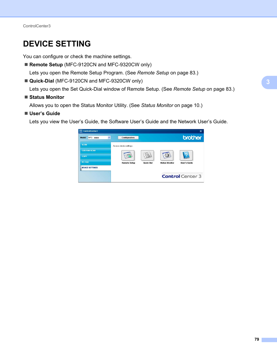 Device setting | Brother MFC-9120CN User Manual | Page 87 / 215