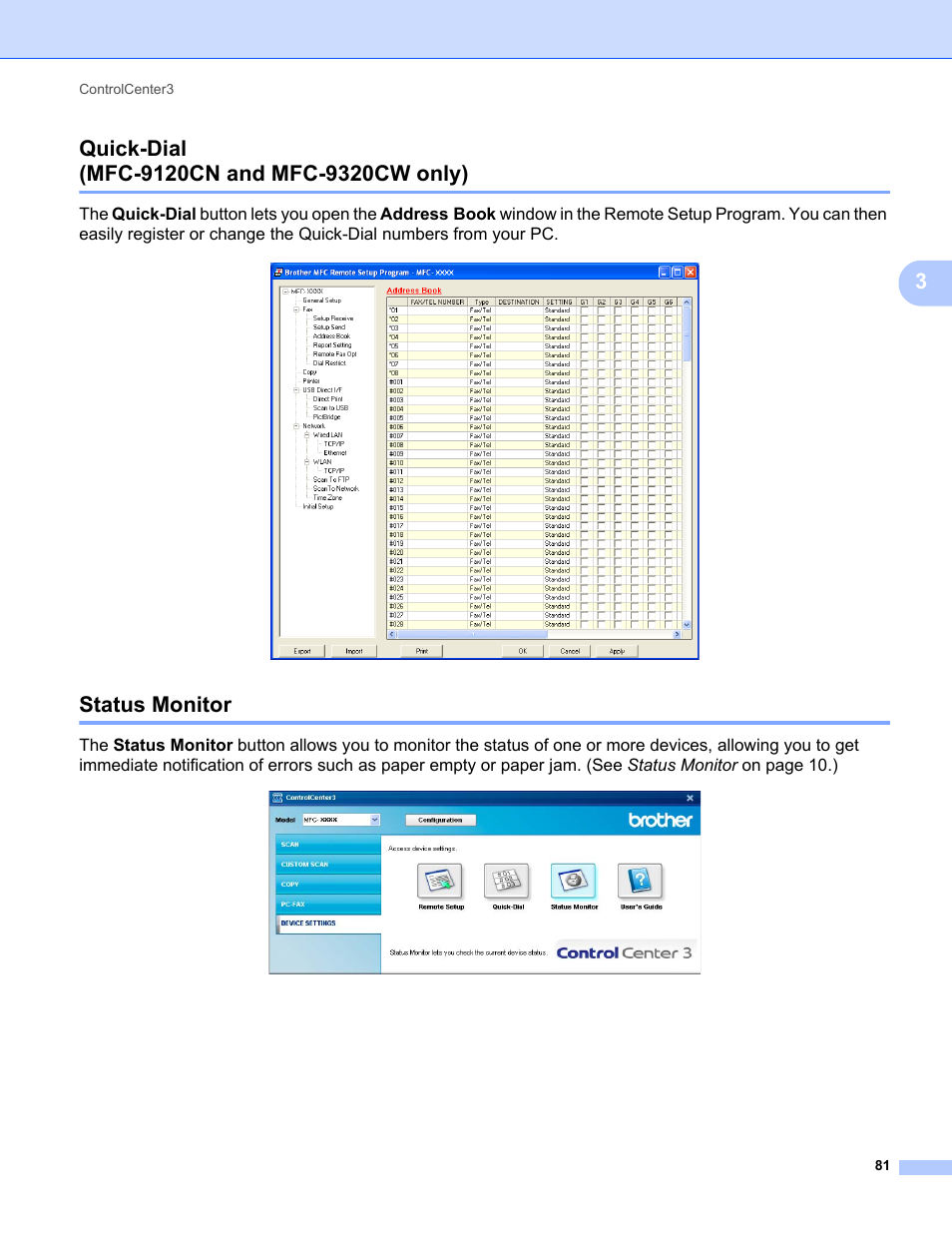 Quick-dial (mfc-9120cn and mfc-9320cw only), Status monitor | Brother MFC-9120CN User Manual | Page 89 / 215