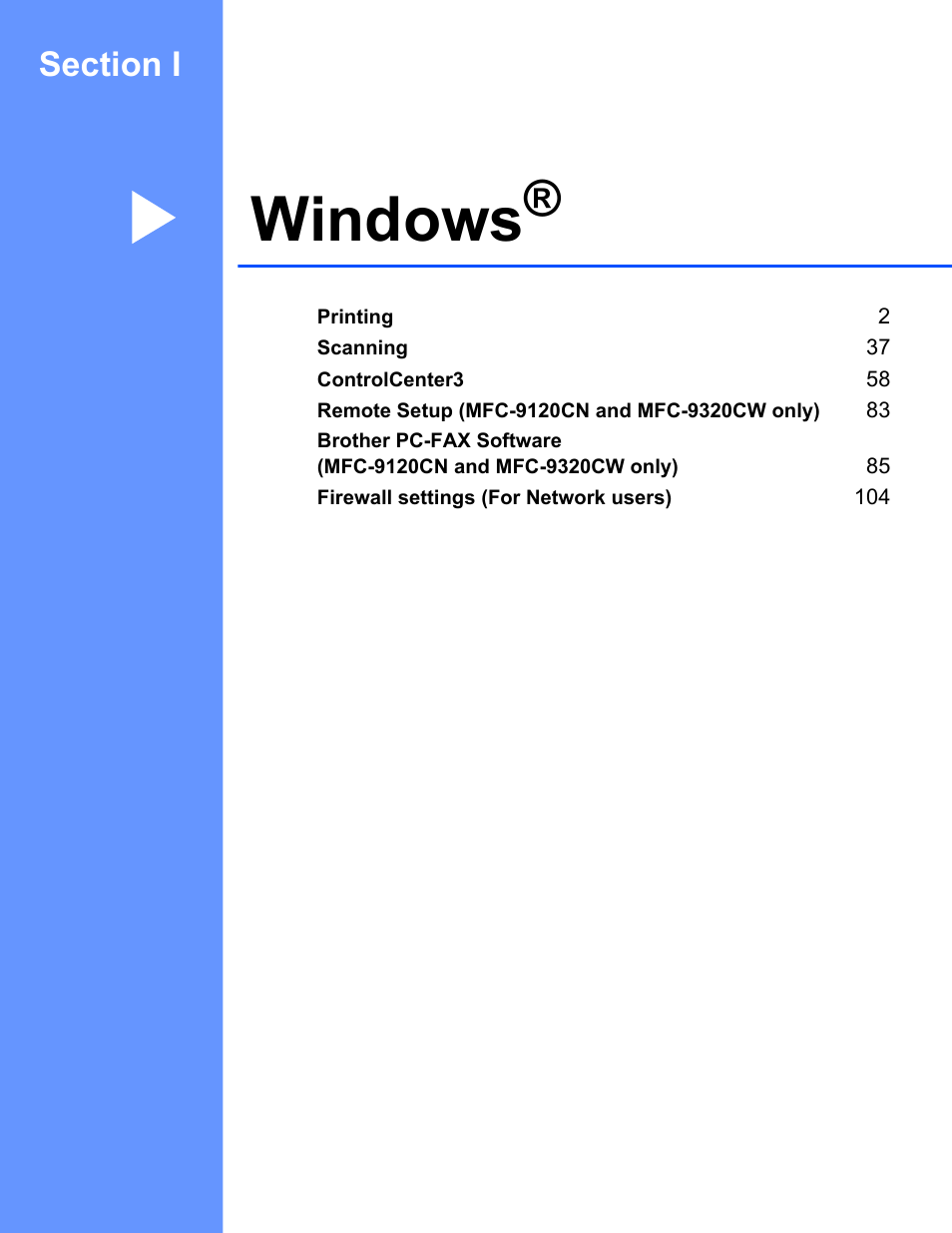 Windows, Section i windows | Brother MFC-9120CN User Manual | Page 9 / 215