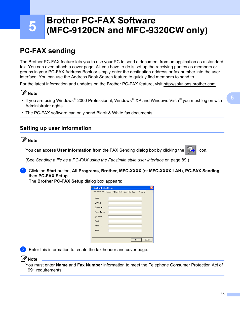 Pc-fax sending, Setting up user information | Brother MFC-9120CN User Manual | Page 93 / 215