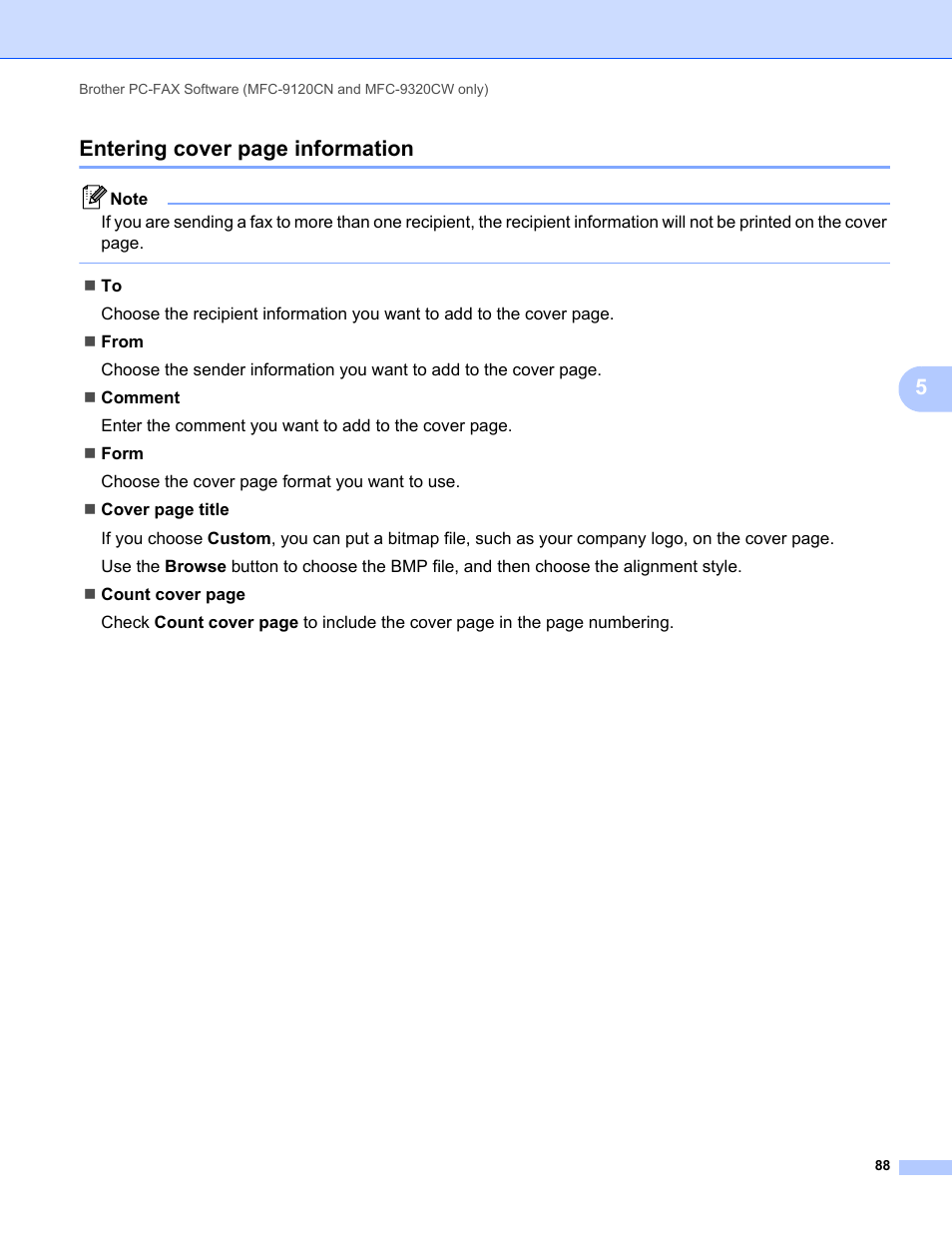 5entering cover page information | Brother MFC-9120CN User Manual | Page 96 / 215