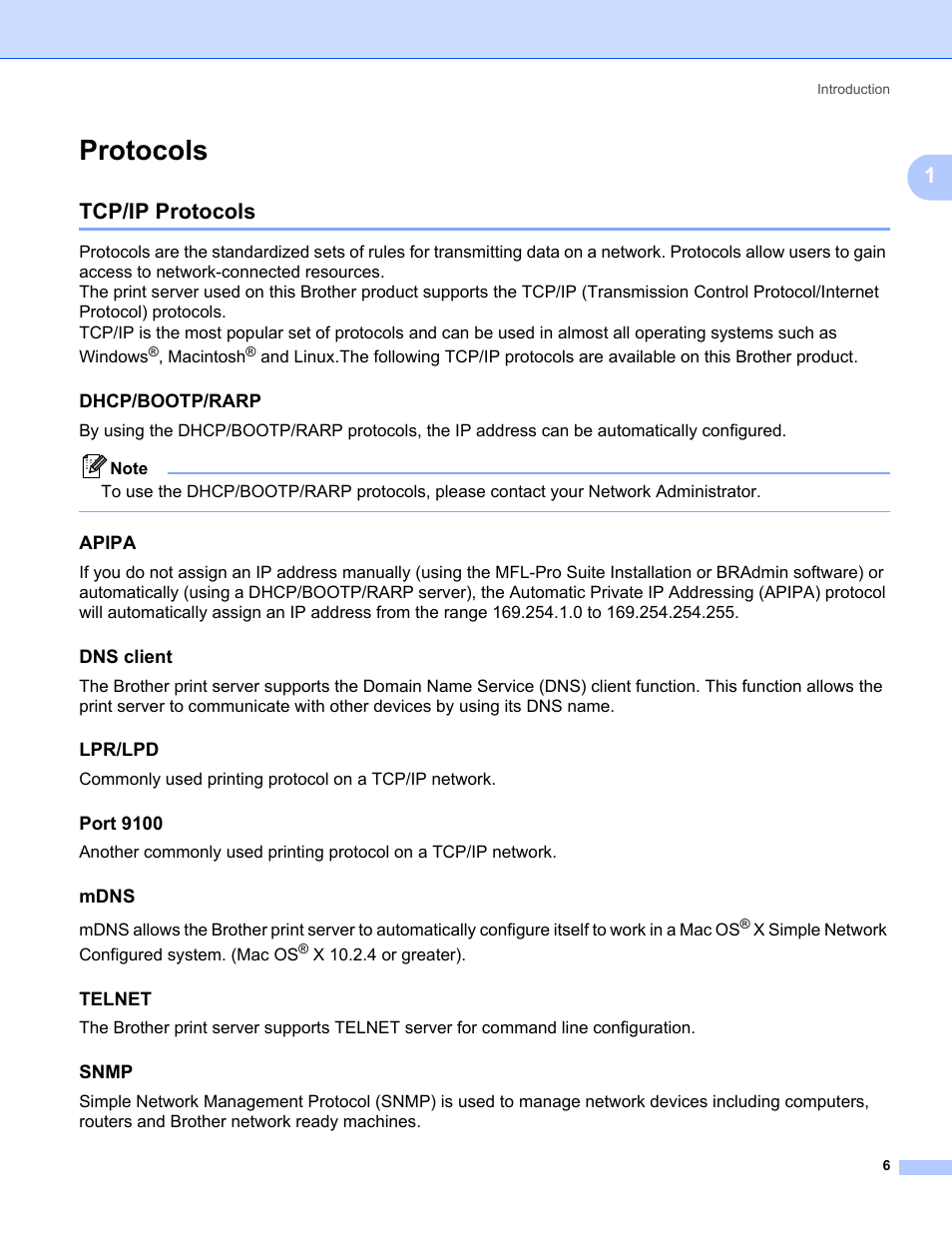 Protocols, Tcp/ip protocols, Dhcp/bootp/rarp | Apipa, Dns client, Lpr/lpd, Port 9100, Mdns, Telnet, Snmp | Brother MFC-440CN User Manual | Page 12 / 67