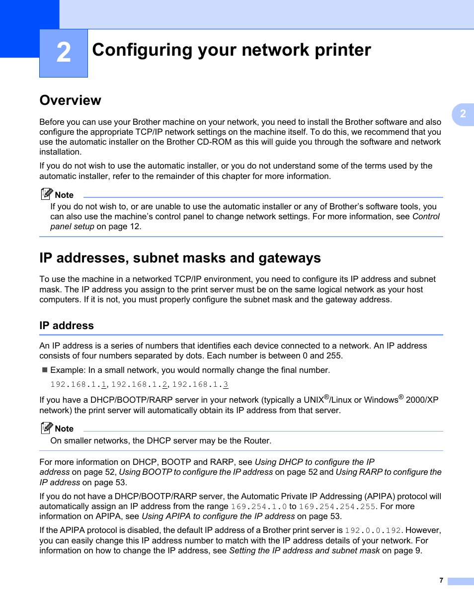 2 configuring your network printer, Overview, Ip addresses, subnet masks and gateways | Ip address, Configuring your network printer, Overview ip addresses, subnet masks and gateways | Brother MFC-440CN User Manual | Page 13 / 67