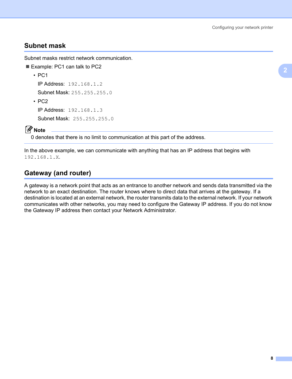 Subnet mask, Gateway (and router), Subnet mask gateway (and router) | 2subnet mask | Brother MFC-440CN User Manual | Page 14 / 67