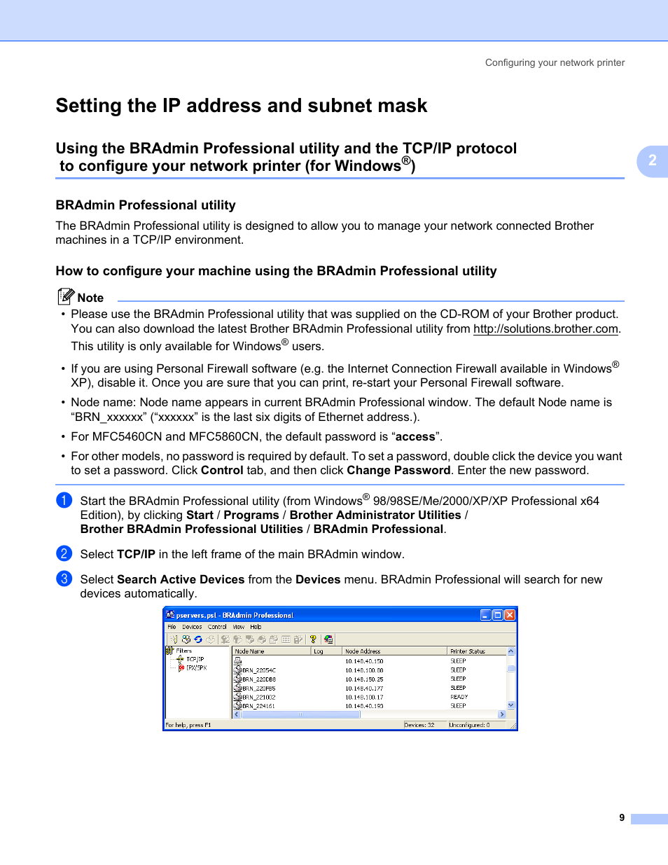 Setting the ip address and subnet mask, Bradmin professional utility, To configure your network printer (for windows | Brother MFC-440CN User Manual | Page 15 / 67
