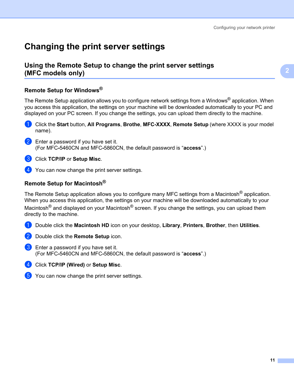 Changing the print server settings, Remote setup for windows, Remote setup for macintosh | Mfc models only) | Brother MFC-440CN User Manual | Page 17 / 67