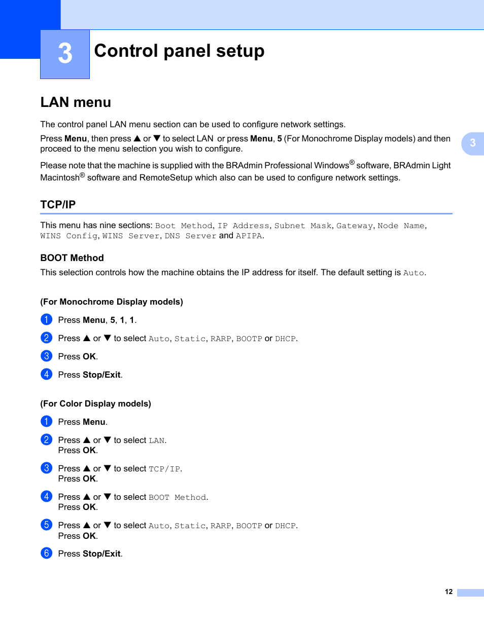 3 control panel setup, Lan menu, Tcp/ip | Boot method, Control panel setup | Brother MFC-440CN User Manual | Page 18 / 67